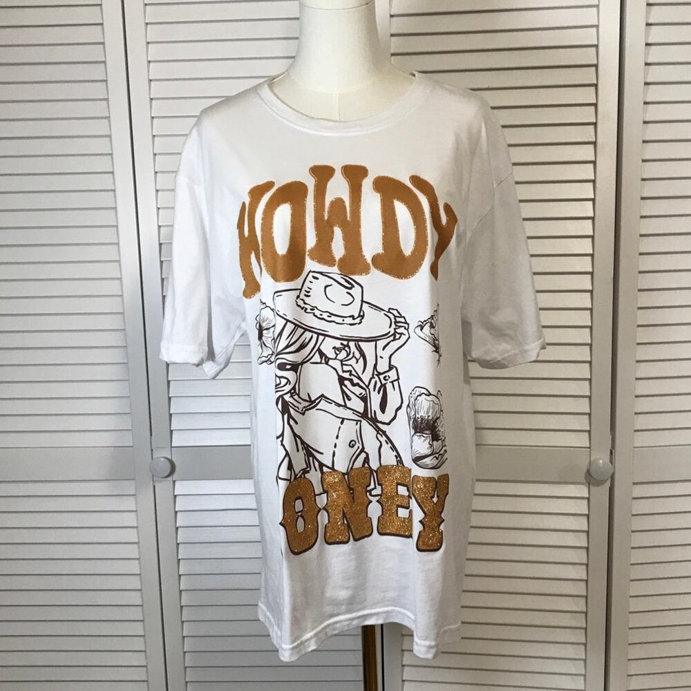 Take That Retro Glitter ‘Howdy Honey” Western Cowgirl Graphic White T-shirt 2X